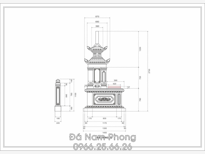 Mẫu Mộ đá chung cho 3 người - Mộ 2 mái #moda 8 - Xây Lăng Mộ đá, Xây Mộ đá Bản vẽ mặt hông mộ 3 người