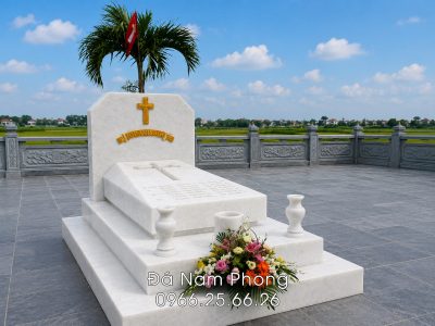 Mẫu Mộ Công giáo đá trắng nguyên khối, thiết kế 3 cấp hiện đại | Đá mỹ nghệ Nam Phong